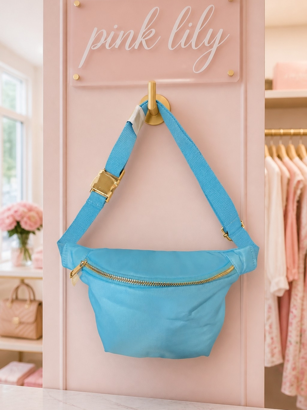 Pink Lily Nylon Aqua with Gold Belt Bag